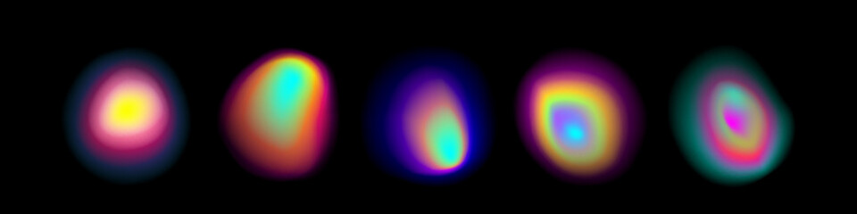 Poster - Vibrant gradient aura shapes collection - soft blurred colorful orbs with rainbow glow effects on black background for modern design, energy visualization or holographic artwork with light patterns.