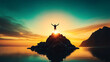 © PixelPulse - Silhouette of Man Triumphantly Standing on a Mountain Peak at Sunset