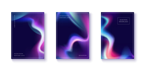 Poster - Dynamic aurora gradient background collection with cosmic northern lights. Smooth color transitions blend blue, pink and purple hues creating fluid abstract patterns. Premium modern vector posters.
