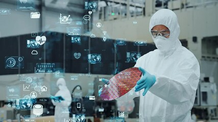 Poster - Digital technology concept with worker in protective suit inspecting semiconductor wafer in factory