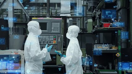 Aufkleber - Group of engineers in dustproof suits operating machines in factory and digital data concept