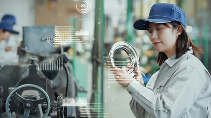 Poster - 工場で製品を確認する女性作業員と統計データのコンセプト