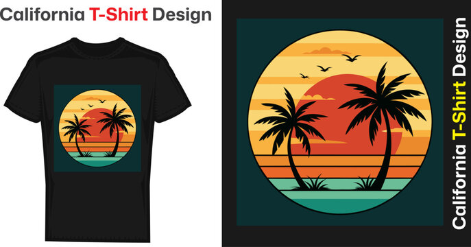 California, Los Angeles t-shirt design. T shirt print design with palm tree. T-shirt design with typography and tropical palm tree for tee print, apparel and clothing t shirt design California beach.
