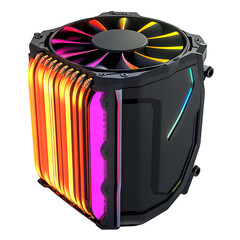 Fototapete - realistic product futuristic CPU cooler with RGB fan and heat pipes isolated on pure white background subtle soft shadow clean studio lighting, ultra-high detail, PNG stock render :