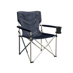 Poster - realistic product folding chair with navy fabric camping chair with cup holder isolated on pure white background subtle soft shadow clean studio lighting, ultra-high detail, PNG stock render :