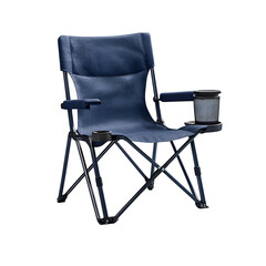 Poster - realistic product folding chair with navy fabric camping chair with cup holder isolated on pure white background subtle soft shadow clean studio lighting, ultra-high detail, PNG stock render :