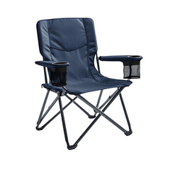 Poster - realistic product folding chair with navy fabric camping chair with cup holder isolated on pure white background subtle soft shadow clean studio lighting, ultra-high detail, PNG stock render :