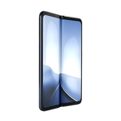 Fototapete - realistic product foldable smartphone half-folded showing dual screen isolated on pure white background subtle soft shadow clean studio lighting, ultra-high detail, PNG stock render :