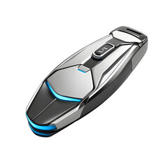 Poster - realistic product electric car key fob with chrome finish with blue accent isolated on pure white background subtle soft shadow clean studio lighting, ultra-high detail, PNG stock render :