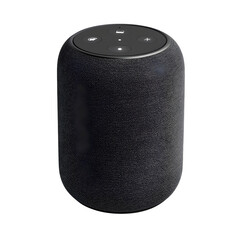 Fototapete - realistic product cylindrical smart speaker with charcoal fabric isolated on pure white background subtle soft shadow clean studio lighting, ultra-high detail, PNG stock render :