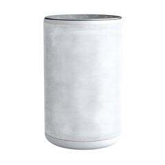 Fototapete - realistic product cylindrical smart speaker with white fabric with silver top isolated on pure white background subtle soft shadow clean studio lighting, ultra-high detail, PNG stock render :