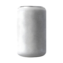Fototapete - realistic product cylindrical smart speaker with white fabric with silver top isolated on pure white background subtle soft shadow clean studio lighting, ultra-high detail, PNG stock render :
