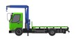 © DysOdyssey - Rendered image of a green truck with a blue 6.5-ton capacity mounted crane, green flatbed, from the side against a white backdrop. Related to light heavy machinery, specialized transportation services