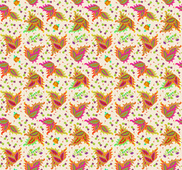 Wall Mural - Elegant pattern with multicolor coleus leaves in paisley shape, small branches with berries, tiny buds and roses on light beige background in vector. Boho print for fabric.