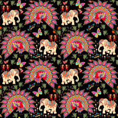 Wall Mural - Bright seamless pattern with Indian elephants, dancing monkeys and peacocks on a black background. Design elements. Ethnic print for fabric.