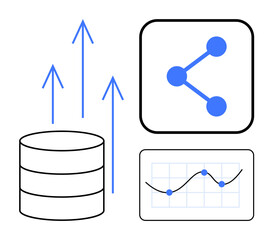 Poster - Database icon, upward arrows, sharing icon, and line graph with plotted points. Ideal for data analytics, growth insights, database management, statistics, tech development business strategy simple