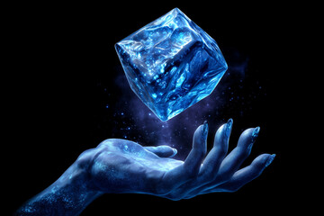 Poster - Hand reaches up to touch glowing cube suspended in dark void. Soft light creates mysterious atmosphere and negative space enhances focus. Concept of technology, innovation, digital art