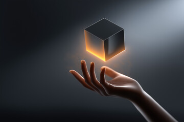Poster - Hand reaches up towards a floating glowing cube casting soft light. Dark background creates futuristic atmosphere with ample negative space. Concept of technology, innovation, design