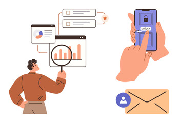 Poster - Person analyzing charts with magnifying glass, hand unlocking phone with fingerprint, and envelope icon. Ideal for data analysis, cybersecurity, communication, technology, business, productivity