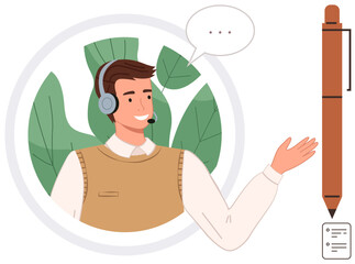Poster - Smiling support agent wearing headset, speaking with speech bubble, surrounded by leaves, gesturing to pen. Ideal for customer service, communication, help desk, writing tools, assistance training