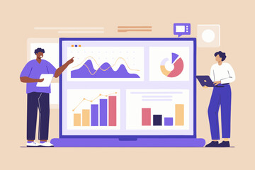 Poster - Two people analyzing data and charts on a large laptop screen