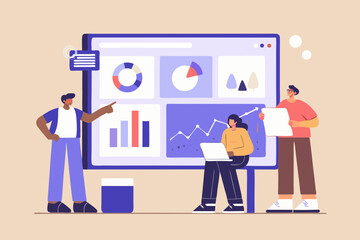 Poster - Diverse team collaborates on data analysis and presentation using charts and graphs