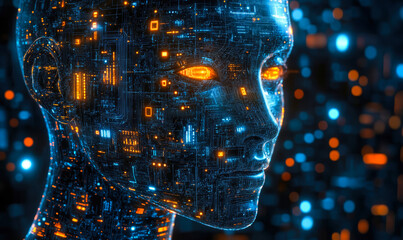 Poster - Futuristic humanoid robot face glowing with digital circuits and neon blue and orange lights technology artificial intelligence concept
