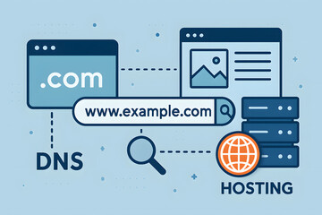 Poster - Website Hosting and Domain: An illustration features the elements of domain name system and hosting provider of a website with an example URL displayed.