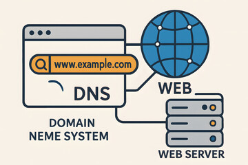 Poster - Digital Domain: An illustrated exploration of the Domain Name System (DNS), showcasing how internet domain names resolve to IP addresses, facilitating seamless web access.