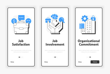 Leinwandbilder - Job attitude mobile onboarding screen. Teamwork organization. Corporate culture. UX UI illustration. Flat outline style icons with blue accent. Informa Pro Bold, Montserrat Light fonts used