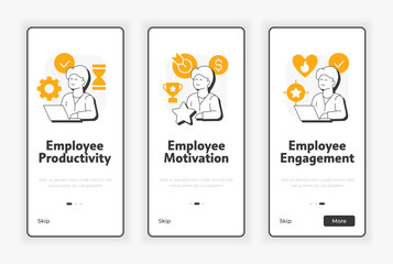 Leinwandbilder - Job satisfaction benefits mobile onboarding screen. Employee motivation. UX UI illustration. Flat outline style icons with orange accent. Informa Pro Bold, Montserrat Light fonts used