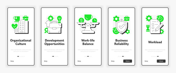 Leinwandbilder - Job satisfaction key drivers mobile onboarding screen. Workload management. UX UI illustration. Flat outline style icons with green accent. Informa Pro Bold, Montserrat Light fonts used