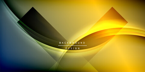 Poster - Abstract design features flowing curves, gradients. Gold, blue hues dominate dark background. Text reads background design. Modern, elegant aesthetic.