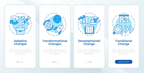 Fototapete - Types of organizational change blue onboarding mobile app screen. Walkthrough 4 steps editable graphic instructions with linear concepts. UI, UX, GUI. Montserrat SemiBold, Regular fonts used
