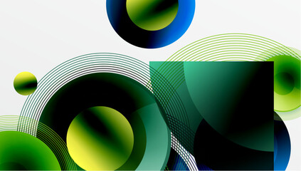 Poster - Abstract composition featuring overlapping circles, lines, squares. Gradient colorsgreen, blue, blackcreate dynamic visual effect. Modern design.