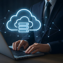 Poster - Cloud Computing on Laptop: A businessman's hands hover over a laptop keyboard, a glowing cloud computing icon emerging from the screen, symbolizing digital transformation and connectivity.