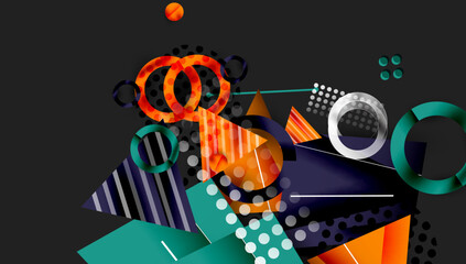 Aufkleber - Abstract geometric composition. Shapes overlap, creating dynamic visual interest. Colors include orange, teal, gray, navy. Modern design elements present.