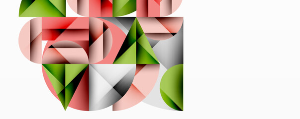 Poster - Abstract geometric composition. Shapes overlap, creating complex visual texture. Colors include red, green, gray, pink. Minimalist design.