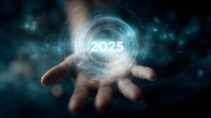 Poster - Futuristic hologram of the year 2025 emerging from a hand
