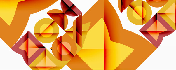 Poster - Abstract geometric composition. Warm color palette dominates, featuring overlapping shapescircles, triangles, squares. Gradient shades create depth, visual interest. Modern design element.