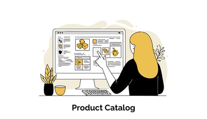 Poster - Female product designer in black attire reviewing product catalog on computer screen at home office. Female product designer reviewing product options online at home.
