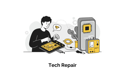 Poster - Young adult male technician repairing electronic components at a workbench in a technical repair shop. Focused on precise actions with electronic equipment and tools.