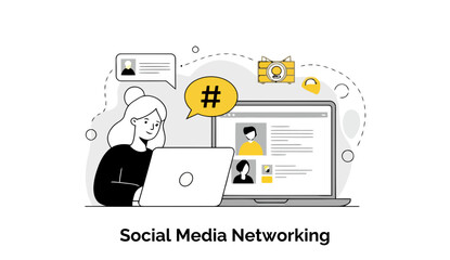 Poster - Young woman using a laptop for social media networking at home. Engaged in online communication with various social media features and interactions displayed on the screen.