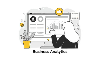  - Female professional analyzing business data on computer screen in office setting. Woman in business attire pointing at a graph, focusing on data analysis.