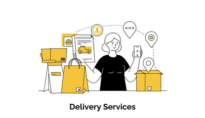 Poster - Female delivery service worker in black t-shirt holding order details and tracking a package in a modern delivery setting.