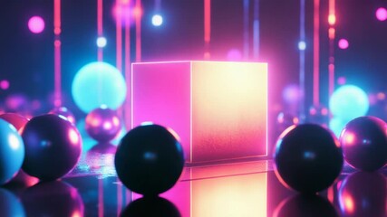 Poster - A pink cube surrounded by many shiny balls, ideal for use in illustrations of childhood wonder or as a decorative element