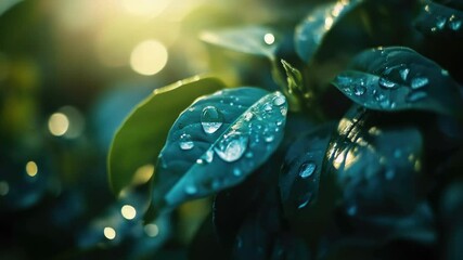 Poster - A close-up of a leaf with water droplets glistening in the light, perfect for nature and wellness uses