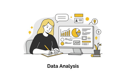 Fototapete - Female data analyst in a dark top, actively taking notes at a desk with computer display showing business data. Focused on data analysis task in a modern office setting.