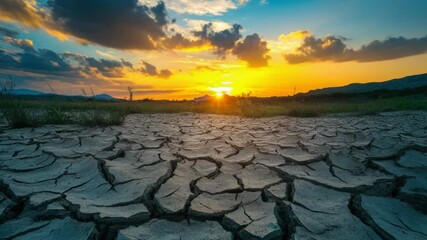 Poster - A cracked earth surface with the sun setting in the background