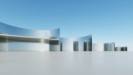 Poster - 3d illustration of abstract wavy architecture background, Minimal curved geometry architectural design, Car presentation backdrop with empty concrete floor, Flowing geometric metal building design
